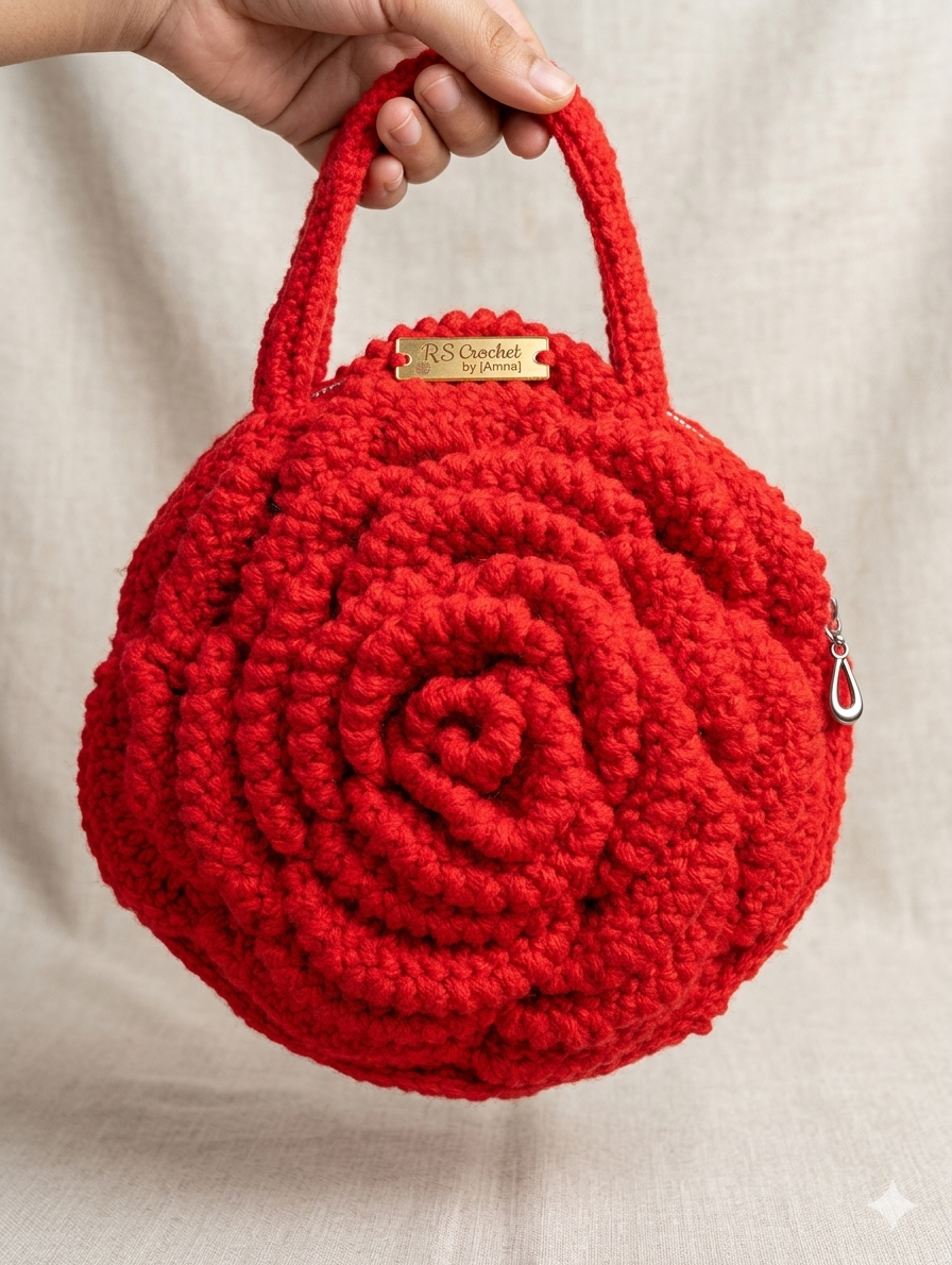 Handmade crochet 3d rose bag